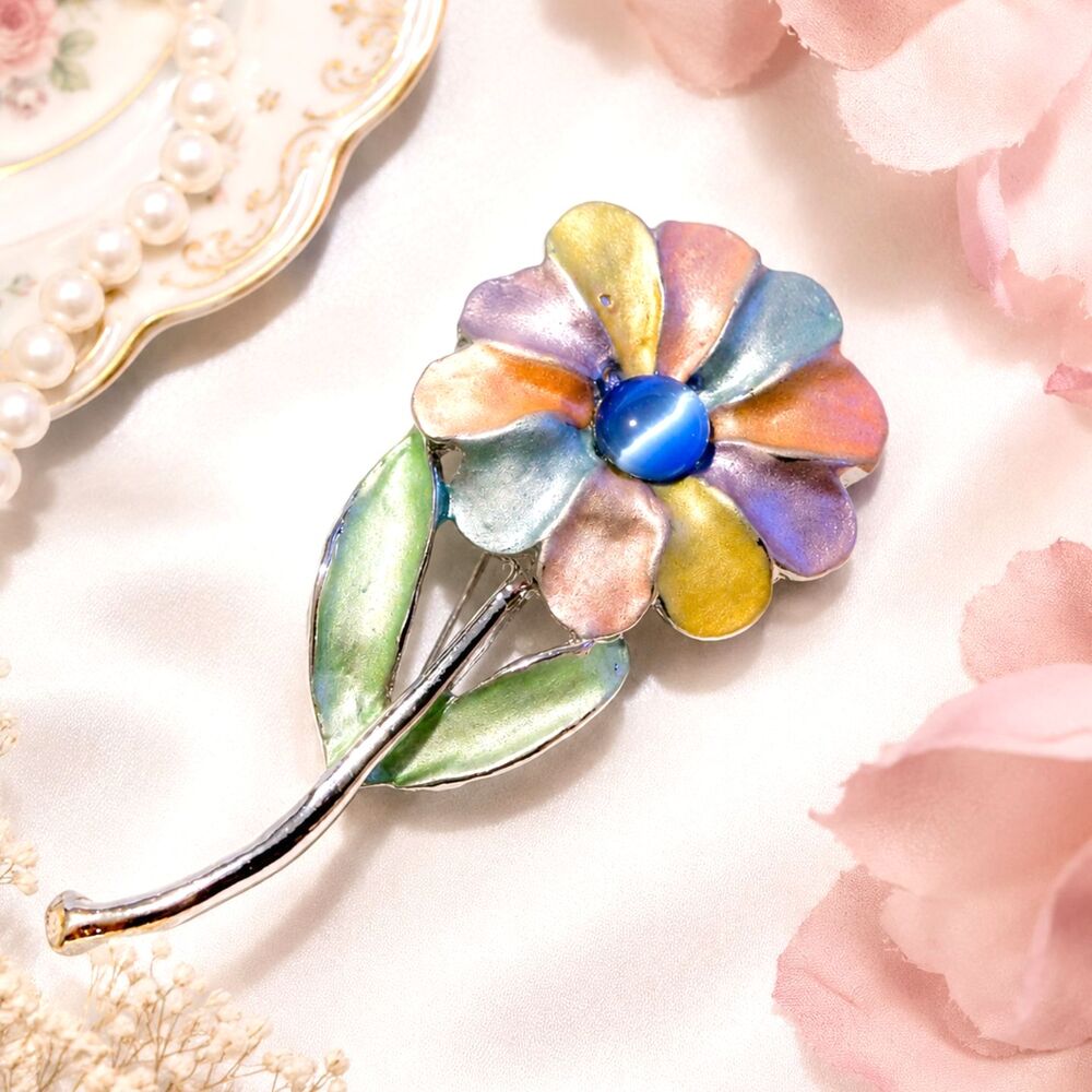 Silver Tone Pastel Painted Flower Brooch with Blue Catseye Center